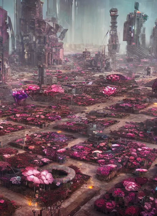 Image similar to A dystopian future in a city made up of the most incredible flowers ever seen, evil, demonic, angelic, flowers, nature, city, symmetry, environment concept, cinematic, Rendered in Octane, trending on artstation, cgsociety, moody lighting rendered by octane engine, environment 8K artstation, cinematic lighting, intricate details, 8k detail post processing, hyperealistic, octane render, photo realism, visually inspired by Blade Runner 2049