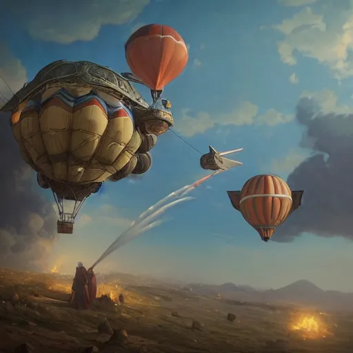 Image similar to two hot air balloons armed with cannons having an air battle, art by artgerm and greg rutkowski and alphonse mucha, concept art, octane render, unreal engine 5, highly detailed, high quality, 8 k, soft lighting, realistic face, path traced