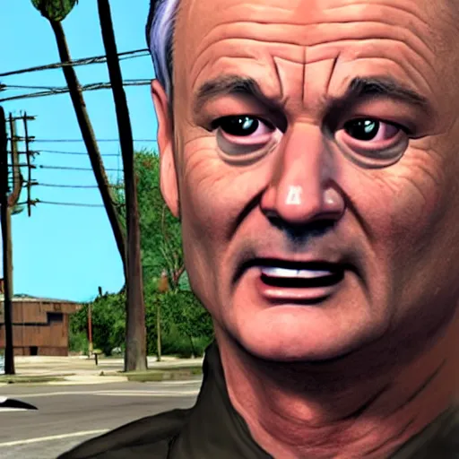 Prompt: bill murray in gta, running from cops, game screenshot