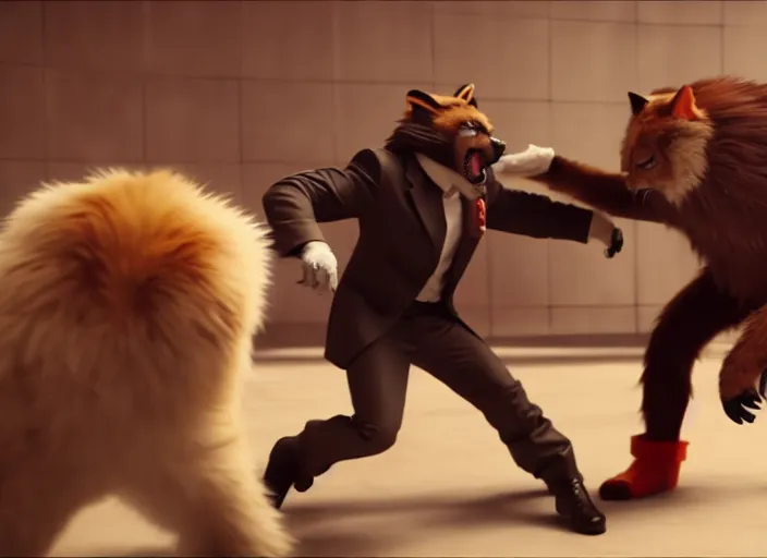 Image similar to nicolas cage beating up furry cosplayers, 8 k, octane render, choreographed fight scene, composition,