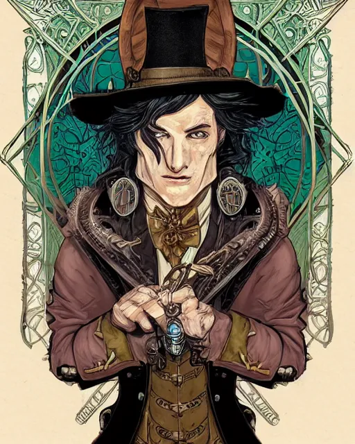 Prompt: a detailed portrait illustration of a steampunk wizard - rogue. beautiful feminine male face. art nouveau, pop art, comic book style. influenced by neil gaiman, h. p. lovecraft, dan mumford, farel dalrymple, vadim voitekhovitch, killian eng, ross tran.