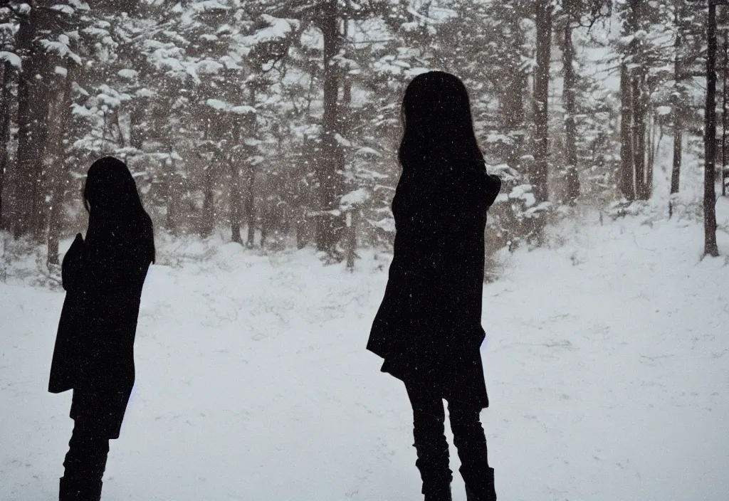 Image similar to lomo photo of a female silhouette standing in front of a snowy cabin, cinestill, bokeh, out of focus, day, dramatic lighting