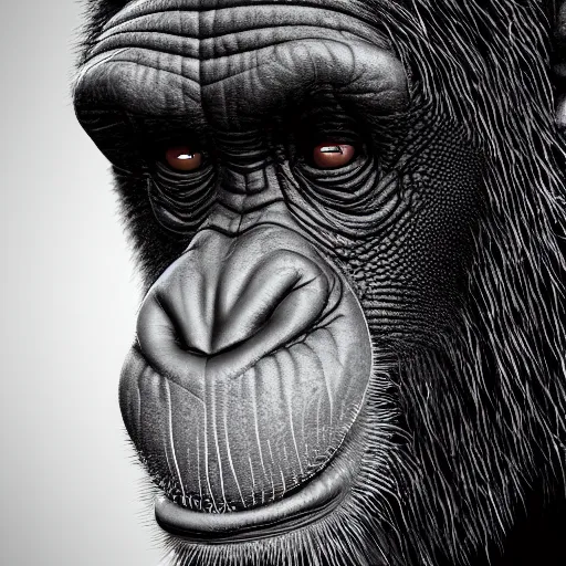 Image similar to a high detail shot of a chimp wearing a suit, smoking, render, cgsociety, photorealism