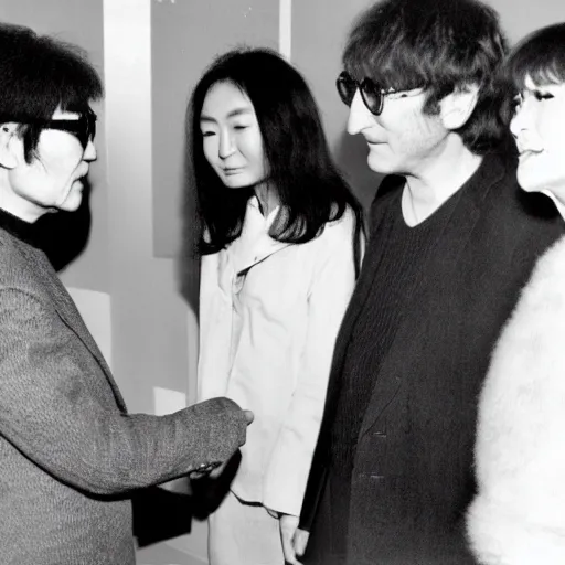 Prompt: Yoko Ono being introduced to John Lennon
