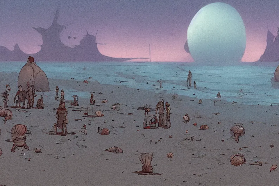 Image similar to sci-fi scene of a seashell where the stranded kids live, in the style of john harris and roger deakins by moebius
