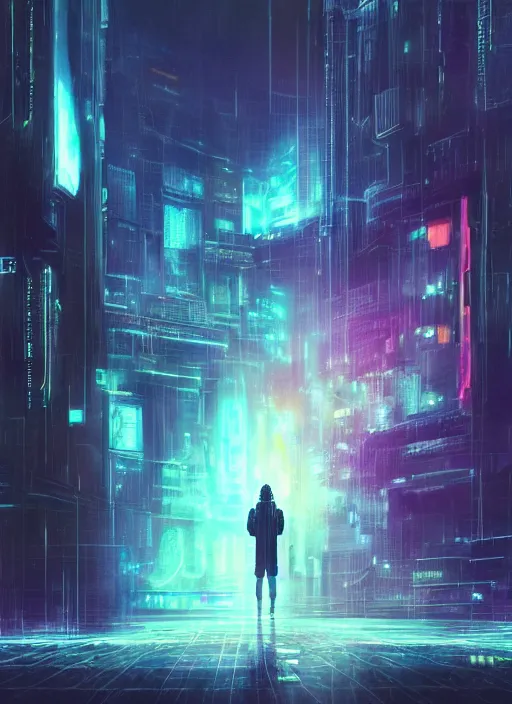 Prompt: lonely one cyber godly person made of cosmic nebula galaxy energy watching a vast rainy colorful complex cyberpunk futuristic city from behind at night through a window in a room, 8 k, photorealistic, concept art, wet, highly detailed, cinematic mood by ridley scott, ghost in the shell, akita, digital painting, trending on artstation, glowing lights, sharp focus, epic