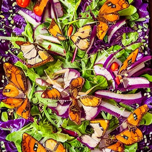 Prompt: butterfly salad, salad made of butterflies, trending on artstation