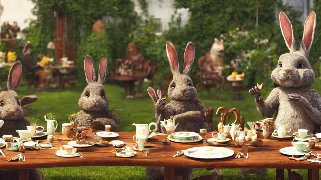 Image similar to film still from the movie chappie outdoor park plants garden scene bokeh depth of field several figures sitting down at a table having a delicious grand victorian tea party crumpets furry anthro anthropomorphic stylized rabbit bunny big chungus