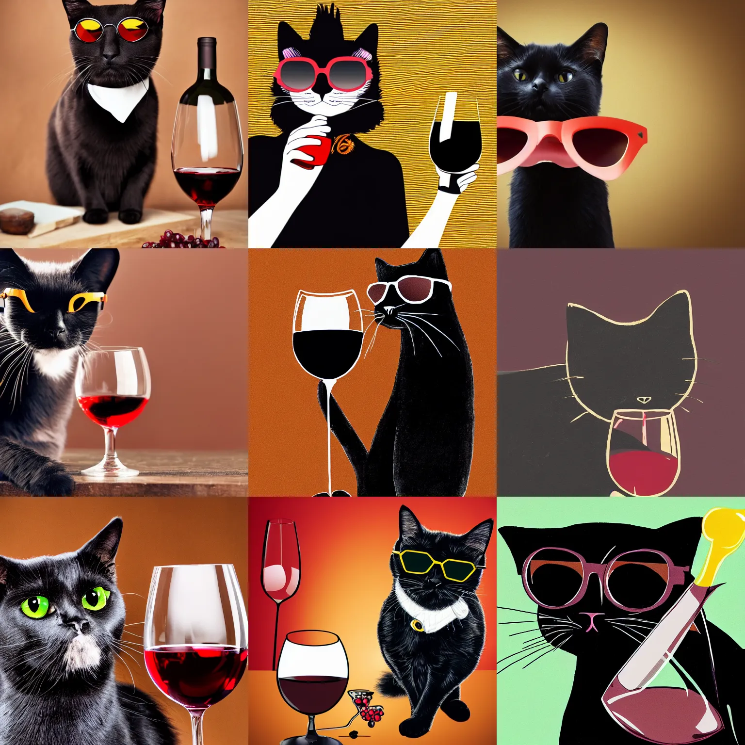 Prompt: black cat wearing sunglasses and holding a class of wine, hyperdetailed, high resolution