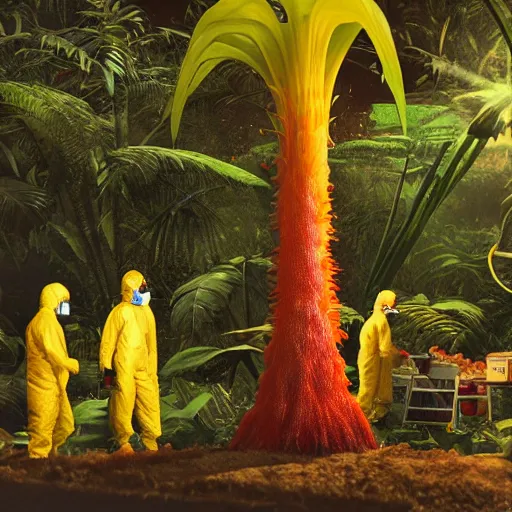 Prompt: vintage photo, scientists in hazmat suits watching a giant massive exotic colorful tropical alien carnivorous plant eating a prisoner, extremely detailed. stark. refraction. shallow depth of field. volumetric light and shadow. ray tracing. light rays