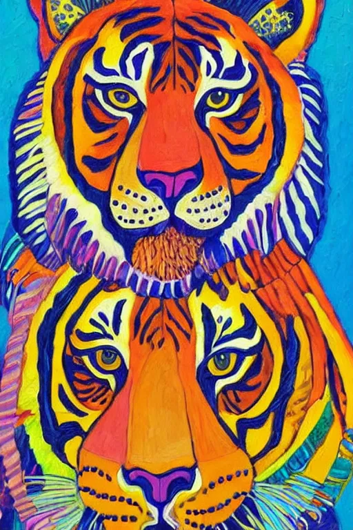 Image similar to an image of a tiger wearing a headdress, a detailed painting by Laurel Burch, pinterest contest winner, psychedelic art, detailed painting, made of beads and yarn, outlined art