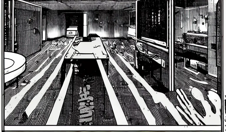 Image similar to First-person horror game, PC game with UI, by Junji Ito