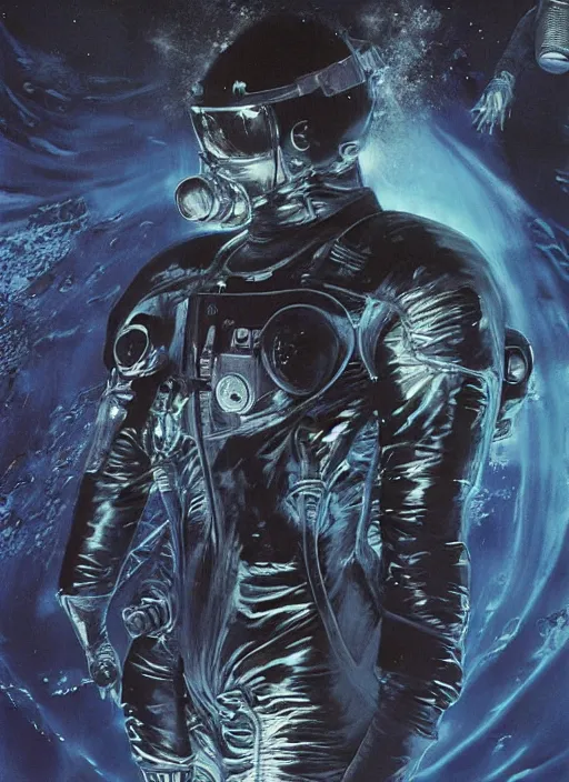 Image similar to astronauts in dark void underwater - complex and hyperdetailed technical suit. reflection and dispersion materials. rays and dispersion of light. volumetric light. f / 3 2. noise film photo. flash photography. ultra realistic, wide angle. poster by wayne barlowe, hajime sorayama aaron horkey, craig mullins