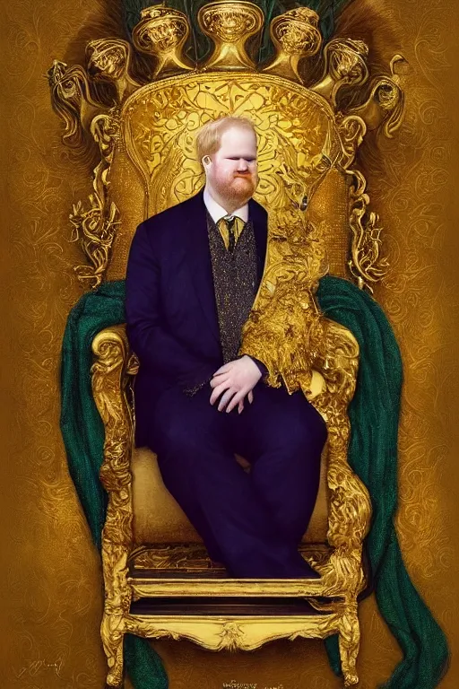 Prompt: “A majestic portrait of Jim Gaffigan with a crown sitting in a gold throne,johannes voss,titian, Tom Bagshaw, Sam Spratt, maxfield parrish, gustav klimt , cinematic, hyper realism, high detail, 8k, intricate, gold green and purple colors”
