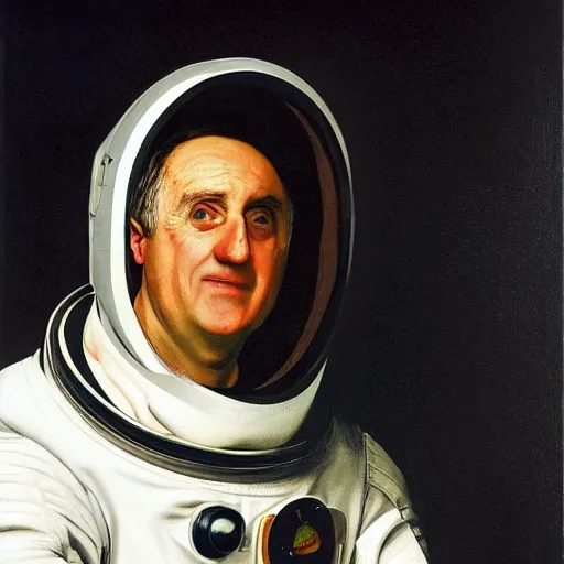 Prompt: Bertie Ahern wearing an astronaut helmet, painted by Caravaggio