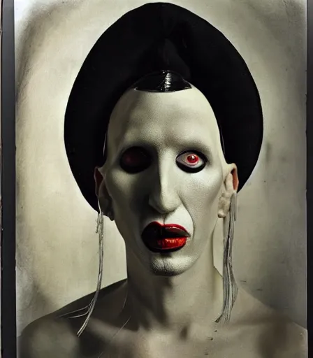 Image similar to portrait of marilyn manson by joel peter witkin and hieronymus bosch, high quality, high detail