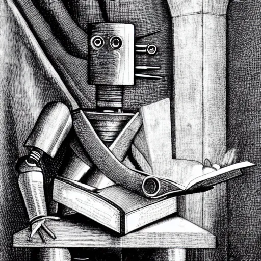 Prompt: a robot reading a book by leonardo da vinci