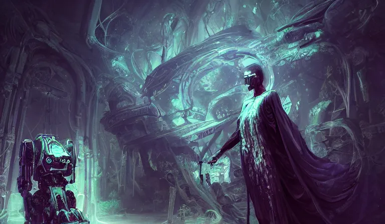 Prompt: muted ombre matte painting beautiful sinister alabaster neogothic skullpunk spirit doctor, tending to the iridescent enchanted intergalactic mecha garden, man machine chimeric beholder polyphemous power crystals psychotropic frequencies singularity artgerm wlop james jean andrei riabovitchev marc simonetti yoshitaka amano artstation, cgsociety