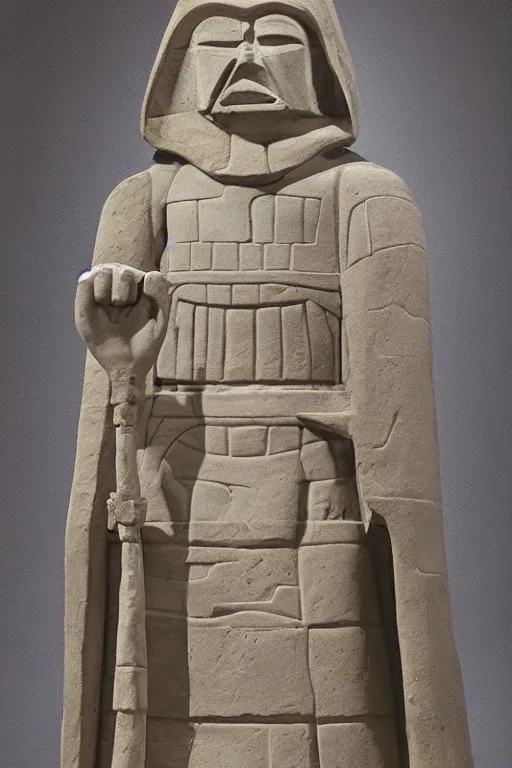 Prompt: A monumental sandstone statue of Darth Vador standing, in the style of the late Akkadian empire, museum catalog photography