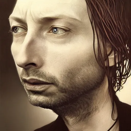 Image similar to hyper realistic portrait of cleanshaven thom yorke hairless, variations singer songwriter ok computer, ( side ) profile, liminal space, by lee bermejo, alphonse mucha and greg rutkowski, no beard, smooth face