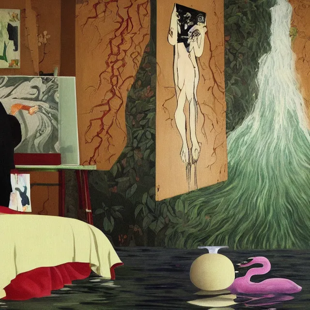 Image similar to female emo art student in her apartment, painting of flood waters inside an artist's feminine bedroom, a river flooding indoors, pomegranates, pigs, ikebana, water, octopus, river, rapids, waterfall, black swans, canoe, berries, zen, acrylic on canvas, surrealist, by magritte and monet