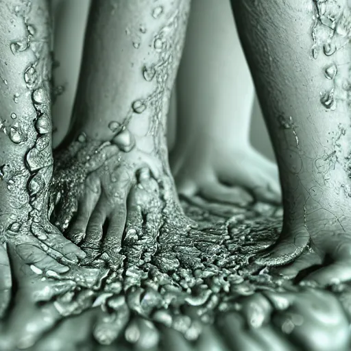 Image similar to closeup of beautiful human bodies intertwined, bodies blooming, 3 d fractals, mandelbulb, dripping wet, skin, macro photography, anamorphic bokeh, long exposure, highly detailed, hyperrealism, cinematic