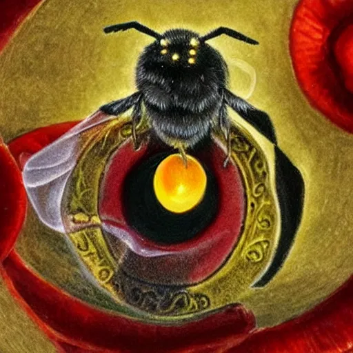 Image similar to a Wiccan ritual spell with a bumblebee placed in the middle of a bloody bullseye, fantasy illustration