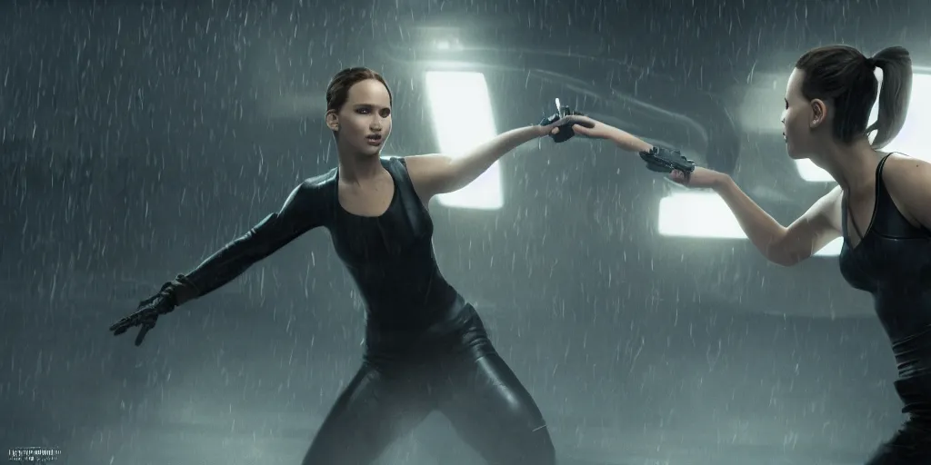 Image similar to Jennifer Lawrence fighting Natalie Portman in matrix, cinematic lighting, trending on artstation, 4k, hyperrealistic, focused, high details, unreal engine 5, cinematic