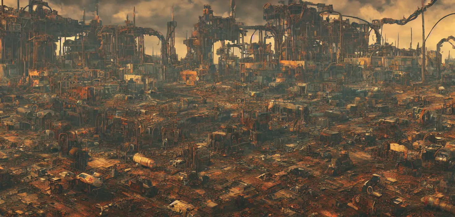 Image similar to industrial robot wasteland, fallout 4, colorful but morbid painting, soft edges