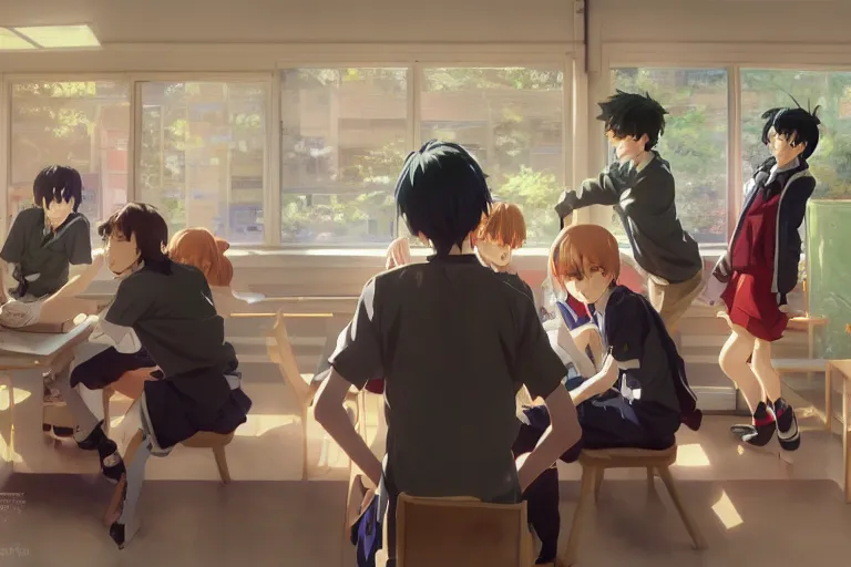 boy's love anime high school classroom scene spring, Stable Diffusion