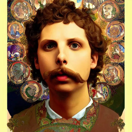 Prompt: a detailed portrait of michael cera as santa ana at the alamo, long twirling moustache, by alphonse mucha and albert bierstadt and thomas moran and charles russel, god rays, intricate detail, cinematic, 8 k, featured on artstation, pixiv