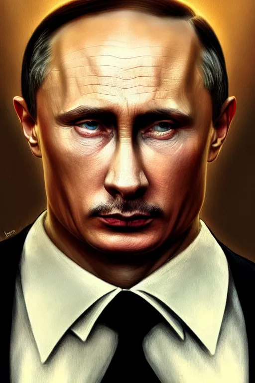 Image similar to vladimir putin as hitler, realistic portrait, symmetrical, highly detailed, digital painting, artstation, concept art, smooth, sharp focus, illustration, cinematic lighting, art by artgerm and greg rutkowski and alphonse mucha