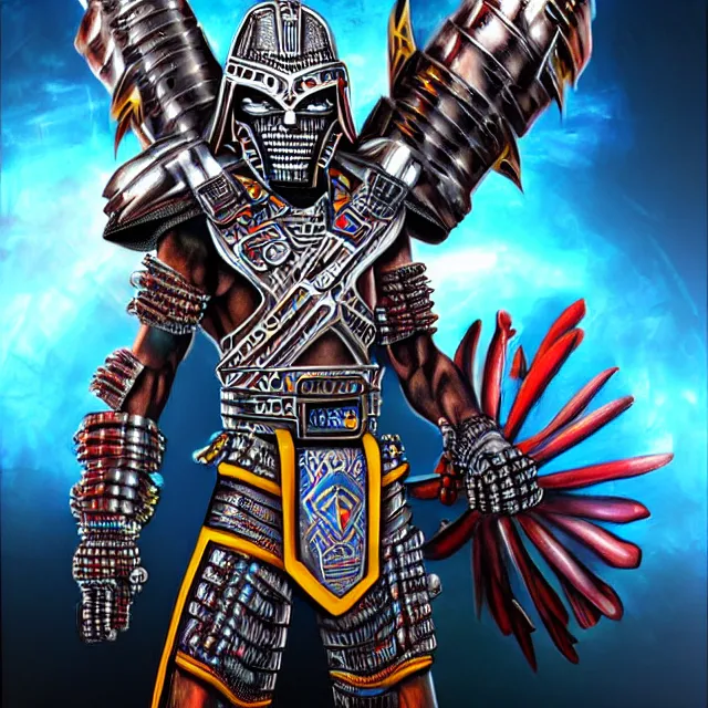 Prompt: futuristic cyber aztec warrior, highly detailed, 4 k, hdr, smooth, sharp focus, high resolution, award - winning photo, illustrated by anne stokes, photorealistic