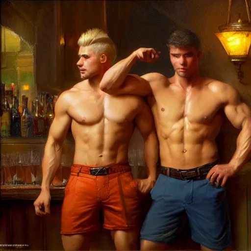 Prompt: attractive muscular male with brunet hair and attractive muscular male with blond hair. pants and shorts, drinking their hearts out, in a pub, close shot, very defined and detailed painting by gaston bussiere, j. c. leyendecker, craig mullins 8 k