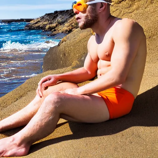 Prompt: close-up of youthful-looking man in orange swimming trunks. He is sunbathing on seashore in scottland, looking at the camera, intense, incredibly detailed, studio, 85mm Sigma Art lens