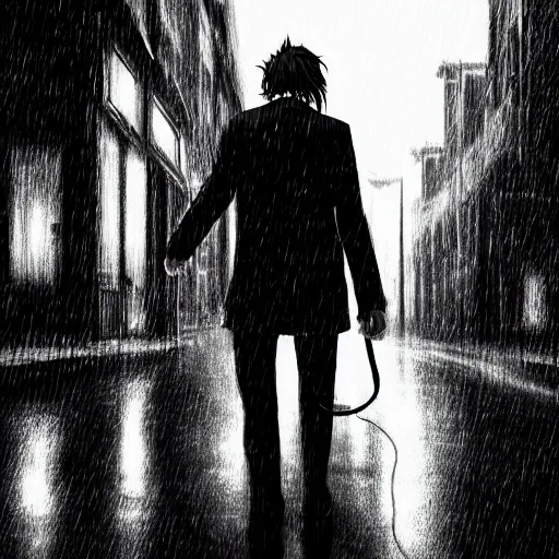 Image similar to black in white joker walking in the rain, night life buildings, small puppy dog in the background walking, sad mood, low angle, realistic, intricate, detailed, digital art, 4 k, 8 k, wallpaper, artstation trending