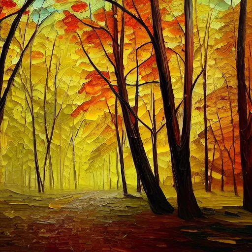 Prompt: A beautiful oil painting of an autumn forest, trending on artstation