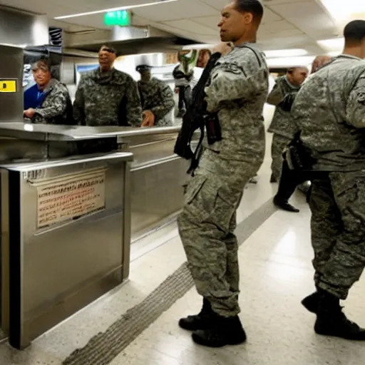 Image similar to FBI soldiers hiding behind a subway counter