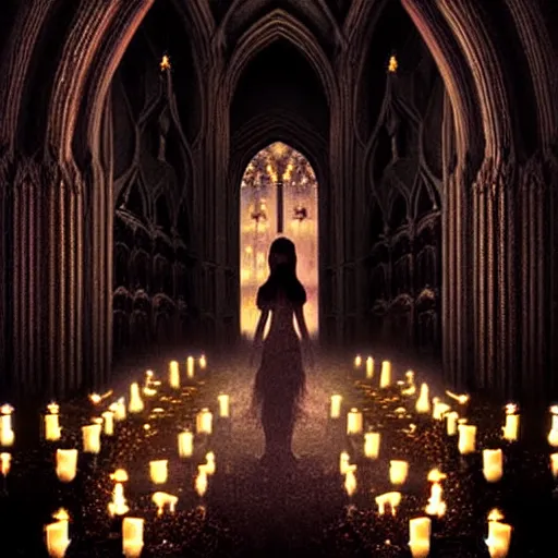 Prompt: a beautiful gothic girl inside a dark gothic cathedral illuminated by candles, impressive scene. grainy and rough. soft colour scheme. beautiful artistic detailed digital art