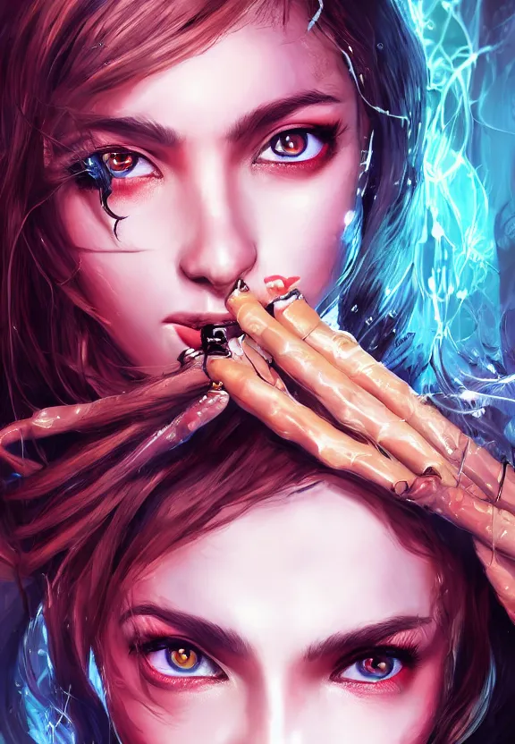 Image similar to digital illustration of a girl with eyes that burn like cigarettes wearing a short skirt and a long jacket with fingernails that shine like justice, dramatic lighting, photorealistic, full body portrait, detailed anatomy, extreme detail, 4 k, colorful, artgerm and ben lo, detailed face, f / 2. 8