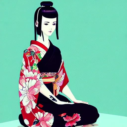 Image similar to an android geisha in a lotus position wearing a flowing kimono and tattoos, artwork by ilya kuvshinov