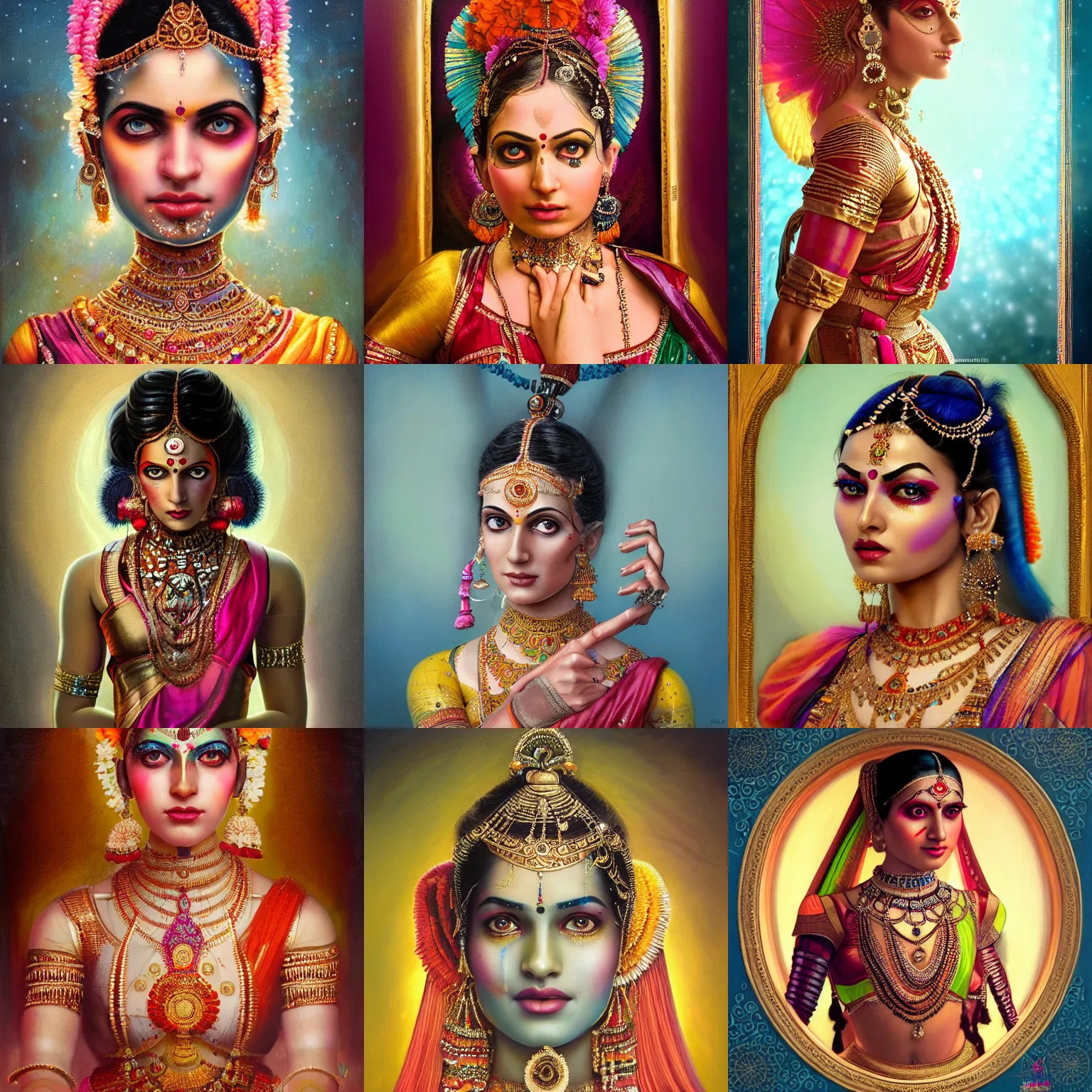 Prompt: a beautiful ultradetailed photo of a cyborg dressed as an indian classical dancer in colorful silk, by tom bagshaw and anna dittman, portrait, vignette, 3 5 mm lens, golden ratio composition, detailed face, studio lighting, very detailed, humanoids, industrial robots, artstation, 8 k, highly coherent