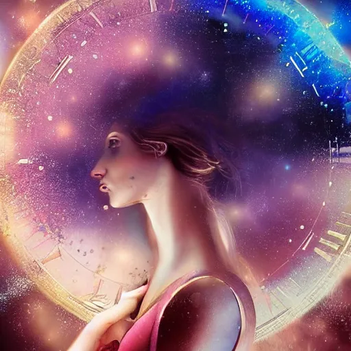 Prompt: If the concept of time was a girl, digital art, fantastic composition, astonishing detail, award winning, beautiful lighting