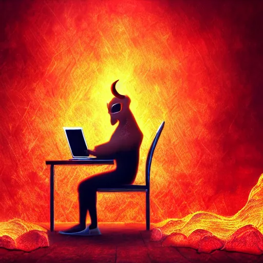 Prompt: a demon ~ using a laptop ~ lava background ~ sitting on a chair ~, 4 k, ultra hd