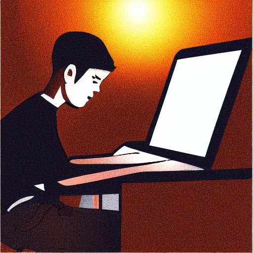 Image similar to illustration of a boy using his computer late night, low lights, dynamic lighting, strong shades, 4k