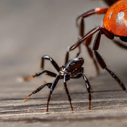 Image similar to a close up shot of a spider attacking a ant on a wooden table, microshot.