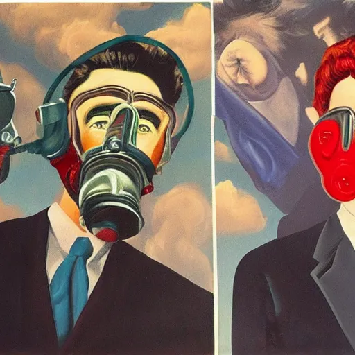 Image similar to painting of hollywood babylon, twin peaks, blue velvet, mulholland drive, gas mask, by paula rego, by magritte