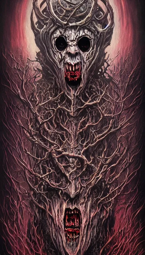 Prompt: Elden Ring themed painting of undead lich symmetrical maniacal evil grin face mask pattern concept, infinity glyph, intricate artwork by, Johnatan Wayshak, Zdizslaw Beksinski, Ayami Kojima, Amano, Karol Bak, Greg Hildebrandt, and Mark Brooks, Neo-Gothic, gothic, rich deep colors, art by Takato Yamamoto, masterpiece, face by Artgerm, H.R. Giger, very coherent artwork, cinematic, hyper realism, high detail, octane render, unreal engine, 8k, High contrast, golden ratio, trending on cgsociety, ultra high quality model, production quality cinema model