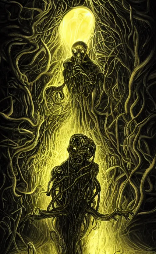 Image similar to portrait of lovecraftian jerma as vecna, surrounded by beams of light dark background by wayne barlow, stanley donwood, anton semenov, zdzislaw bekinski, hr giger, 8 k, fantasy, dark, highly detailed