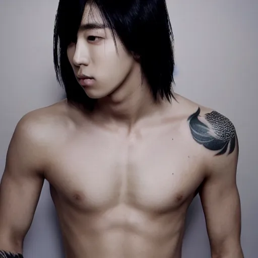 Prompt: detailed photorealistic portrait random korean boyband member shirtless with tatto